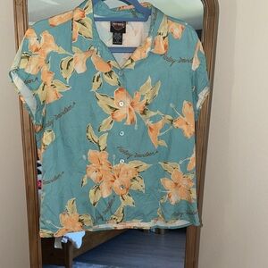 Tori Richard X Harley Davidson WOMENS L Blue Silk Hawaiian Shirt All Over Print